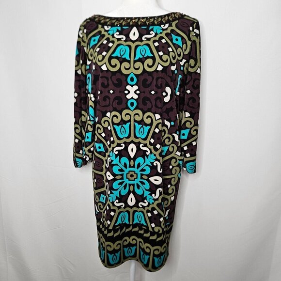 Hale Bob Rhinestone Batwing Sleeves Floral Work Dress Boho Blue Green Medium - Picture 7 of 13